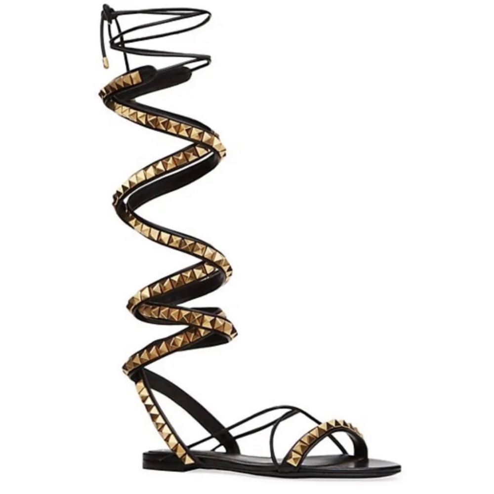 Valentino Gladiator gold stud black leather sandals size 37.5 W BOX. USED ONCE.